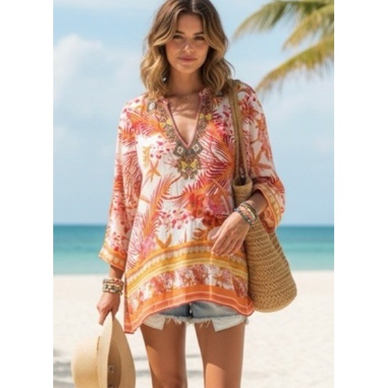 Hale Bob Hand-Beaded 100% Silk Tunic Tropical Print Flowy Pinks, Coral, Size S